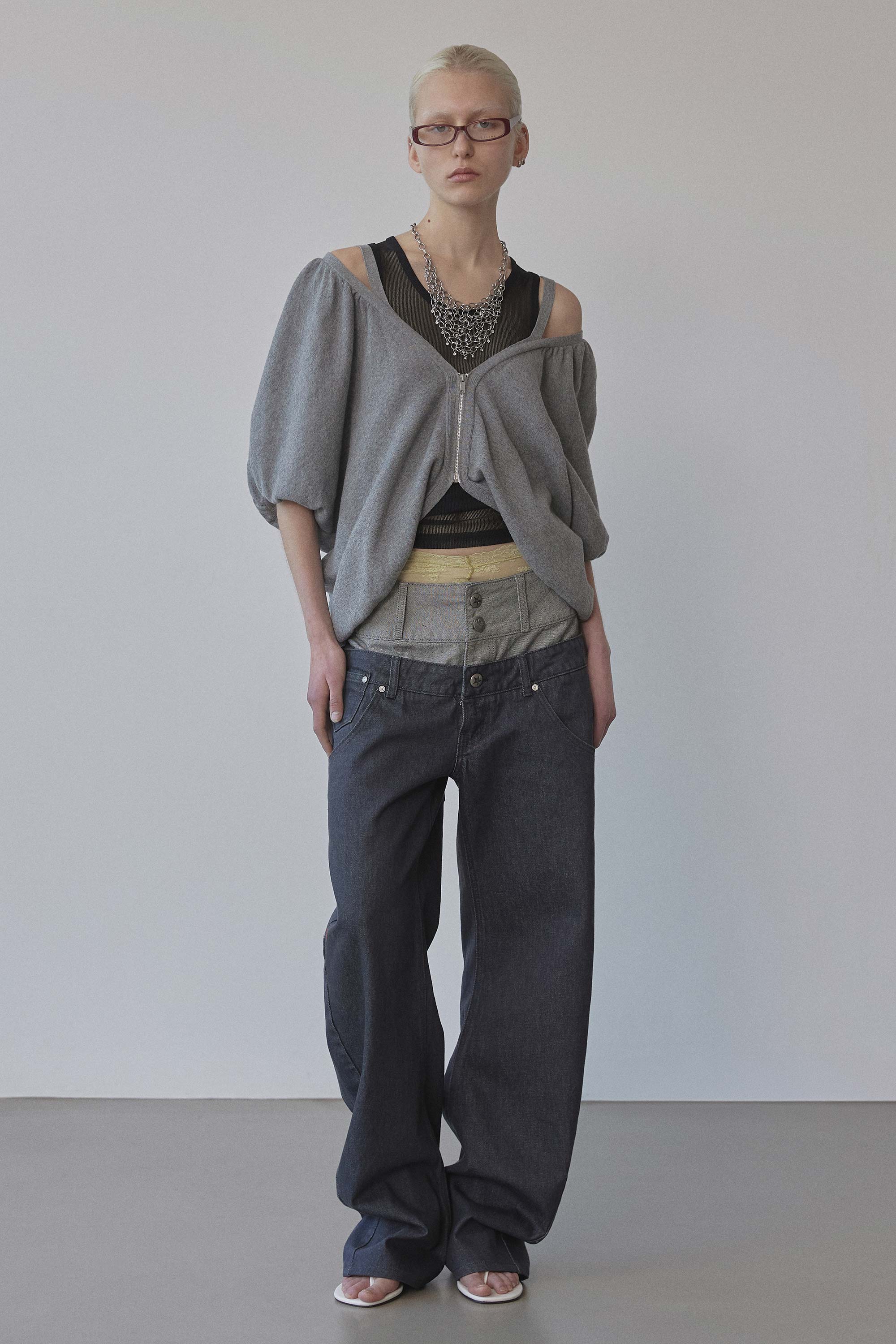 Jacquard Knit Cardigan Melange Gray